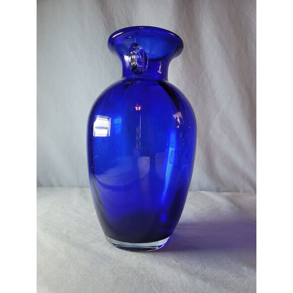 Cobalt Blue Amphora Vase 10"T Vintage Hand Blown w/ Clear Handles - Picture 3 of 10